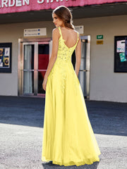 Robe de Soirée de A-ligne en Tulle à Col Carré Longueur au Sol Citron