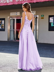 Robe de Soirée de A-ligne en Tulle à Col Carré Longueur au Sol Lilas