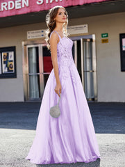 Robe de Soirée de A-ligne en Tulle à Col Carré Longueur au Sol Lilas