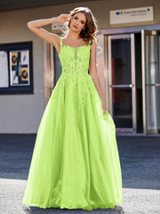 Robe de Soirée de A-ligne en Tulle à Col Carré Longueur au Sol Vert Citron