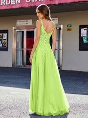 Robe de Soirée de A-ligne en Tulle à Col Carré Longueur au Sol Vert Citron Grande Taille