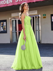 Robe de Soirée de A-ligne en Tulle à Col Carré Longueur au Sol Vert Citron