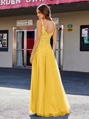Robe de Soirée de A-ligne en Tulle à Col Carré Longueur au Sol Souci