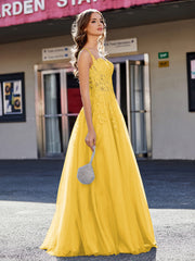 Robe de Soirée de A-ligne en Tulle à Col Carré Longueur au Sol Souci