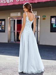 Robe de Soirée de A-ligne en Tulle à Col Carré Longueur au Sol Brume