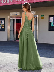 Robe de Soirée de A-ligne en Tulle à Col Carré Longueur au Sol Mousse