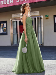 Robe de Soirée de A-ligne en Tulle à Col Carré Longueur au Sol Mousse