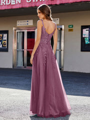 Robe de Soirée de A-ligne en Tulle à Col Carré Longueur au Sol Mûre