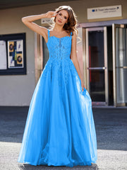 Robe de Soirée de A-ligne en Tulle à Col Carré Longueur au Sol Bleu Océan