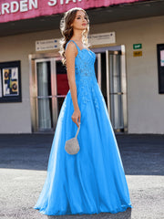 Robe de Soirée de A-ligne en Tulle à Col Carré Longueur au Sol Bleu Océan Grande Taille