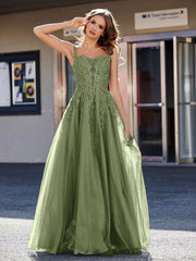 Robe de Soirée de A-ligne en Tulle à Col Carré Longueur au Sol Olive Verte