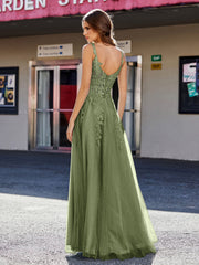 Robe de Soirée de A-ligne en Tulle à Col Carré Longueur au Sol Olive Verte