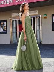Robe de Soirée de A-ligne en Tulle à Col Carré Longueur au Sol Olive Verte