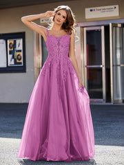 Robe de Soirée de A-ligne en Tulle à Col Carré Longueur au Sol Orchidée Grande Taille