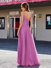 Robe de Soirée de A-ligne en Tulle à Col Carré Longueur au Sol Orchidée Grande Taille