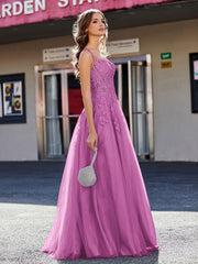 Robe de Soirée de A-ligne en Tulle à Col Carré Longueur au Sol Orchidée