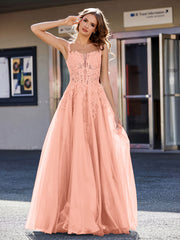 Robe de Soirée de A-ligne en Tulle à Col Carré Longueur au Sol Papaye Grande Taille