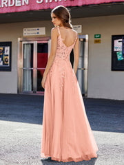 Robe de Soirée de A-ligne en Tulle à Col Carré Longueur au Sol Papaye Grande Taille