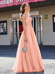 Robe de Soirée de A-ligne en Tulle à Col Carré Longueur au Sol Papaye Grande Taille