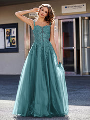 Robe de Soirée de A-ligne en Tulle à Col Carré Longueur au Sol Paon