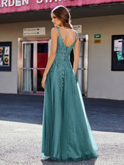 Robe de Soirée de A-ligne en Tulle à Col Carré Longueur au Sol Paon