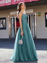Robe de Soirée de A-ligne en Tulle à Col Carré Longueur au Sol Paon