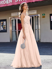 Robe de Soirée de A-ligne en Tulle à Col Carré Longueur au Sol Rose Perle