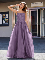 Robe de Soirée de A-ligne en Tulle à Col Carré Longueur au Sol Plum Grande Taille