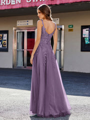 Robe de Soirée de A-ligne en Tulle à Col Carré Longueur au Sol Plum Grande Taille