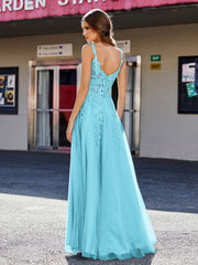 Robe de Soirée de A-ligne en Tulle à Col Carré Longueur au Sol Piscine