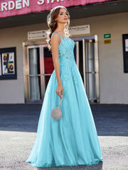 Robe de Soirée de A-ligne en Tulle à Col Carré Longueur au Sol Piscine