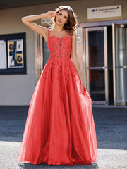 Robe de Soirée de A-ligne en Tulle à Col Carré Longueur au Sol Rouge