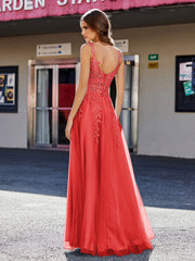 Robe de Soirée de A-ligne en Tulle à Col Carré Longueur au Sol Rouge