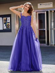 Robe de Soirée de A-ligne en Tulle à Col Carré Longueur au Sol Bleu Royale