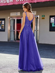 Robe de Soirée de A-ligne en Tulle à Col Carré Longueur au Sol Bleu Royale
