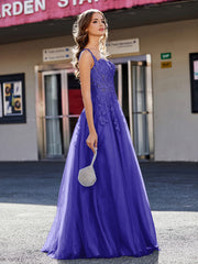 Robe de Soirée de A-ligne en Tulle à Col Carré Longueur au Sol Bleu Royale Grande Taille