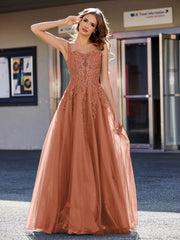 Robe de Soirée de A-ligne en Tulle à Col Carré Longueur au Sol Rouille