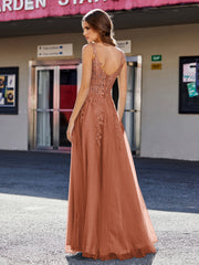 Robe de Soirée de A-ligne en Tulle à Col Carré Longueur au Sol Rouille