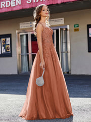 Robe de Soirée de A-ligne en Tulle à Col Carré Longueur au Sol Rouille