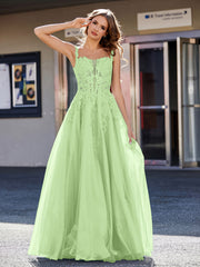 Robe de Soirée de A-ligne en Tulle à Col Carré Longueur au Sol Sauge Grande Taille