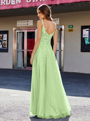 Robe de Soirée de A-ligne en Tulle à Col Carré Longueur au Sol Sauge Grande Taille