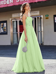 Robe de Soirée de A-ligne en Tulle à Col Carré Longueur au Sol Sauge Grande Taille