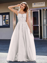 Robe de Soirée de A-ligne en Tulle à Col Carré Longueur au Sol Argent