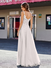 Robe de Soirée de A-ligne en Tulle à Col Carré Longueur au Sol Argent