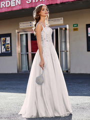 Robe de Soirée de A-ligne en Tulle à Col Carré Longueur au Sol Argent