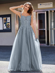 Robe de Soirée de A-ligne en Tulle à Col Carré Longueur au Sol Bleu de Schiste Grande Taille