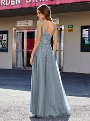 Robe de Soirée de A-ligne en Tulle à Col Carré Longueur au Sol Bleu de Schiste