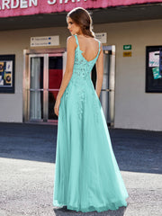 Robe de Soirée de A-ligne en Tulle à Col Carré Longueur au Sol Spa
