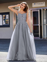 Robe de Soirée de A-ligne en Tulle à Col Carré Longueur au Sol Gris Acier Grande Taille