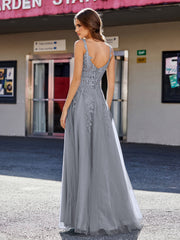 Robe de Soirée de A-ligne en Tulle à Col Carré Longueur au Sol Gris Acier
